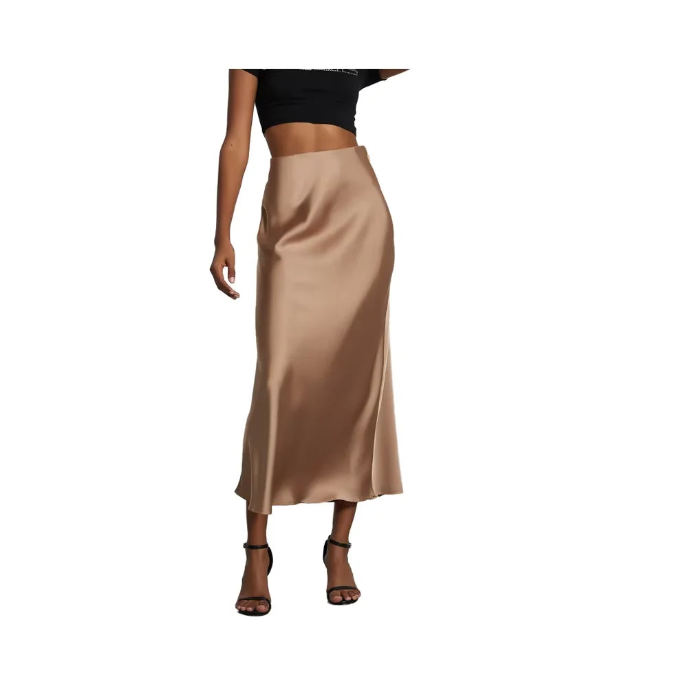 2025 Summer Casual Mid-Length Satin Skirt for Women European American Style Simple Silk-Like Long Skirt Natural Waistline Export