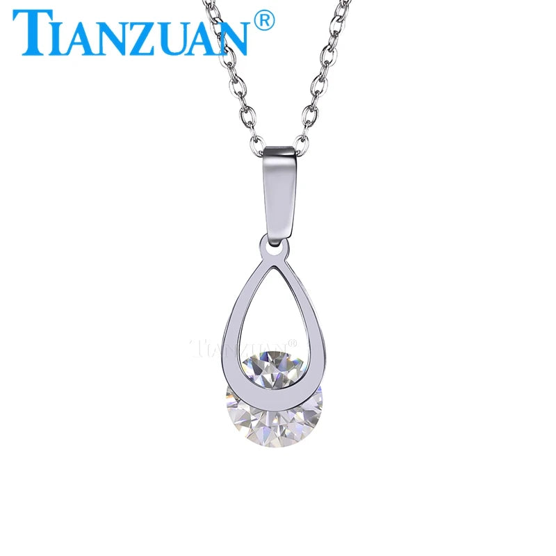 TIANZUAN Teardrop Ladies Stainless Steel Necklace 7mm Round Moissanite Waterproof Girls Mans Necklace Fashion Jewelry