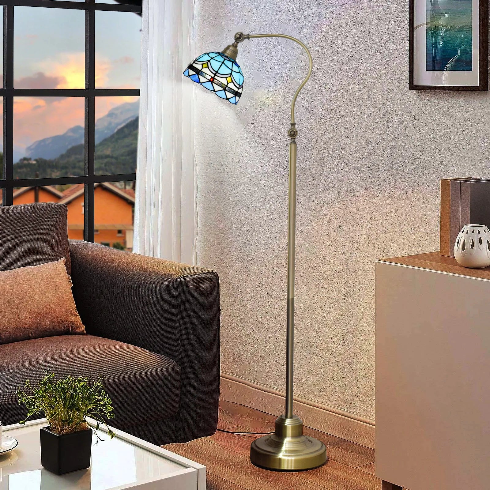 Tiffany Floor Lamp Stained Glass Blue Mediterranean Style Adjustable Angle Standing Reading Lamp Decorative Bedroom Living Room