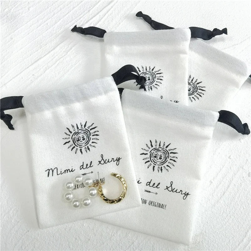 Luxury White Organic Cotton Recyclable Drawstring Jewelry Packaging Small Pouch Black Ribbon Custom Logo for Rings Watches