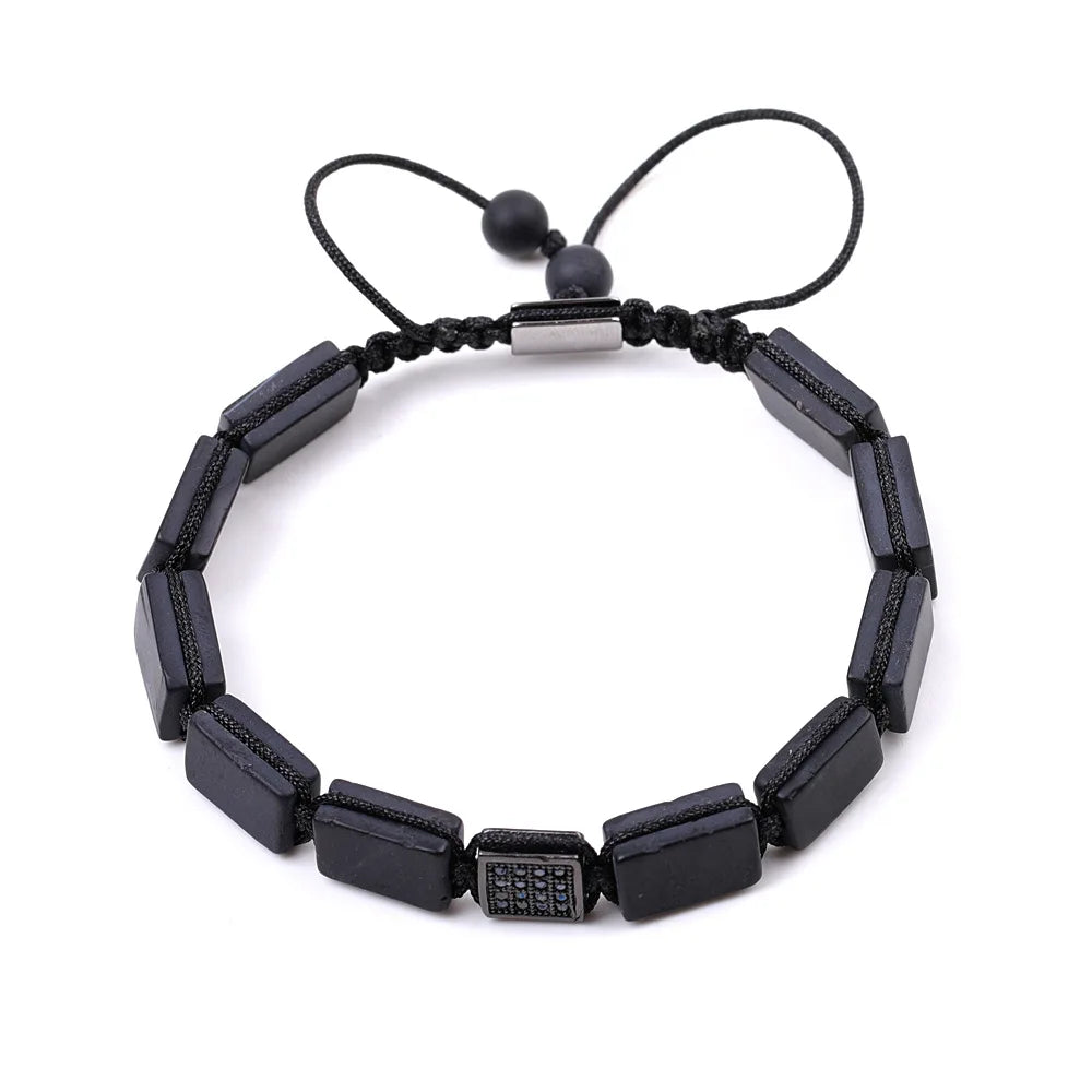 Adjustable Macrame Jewelry Bracelet for Men Women Fashion Wrap Natural Tiger Eye Onyx Stone Square Beads Micro Pave Cube Charm