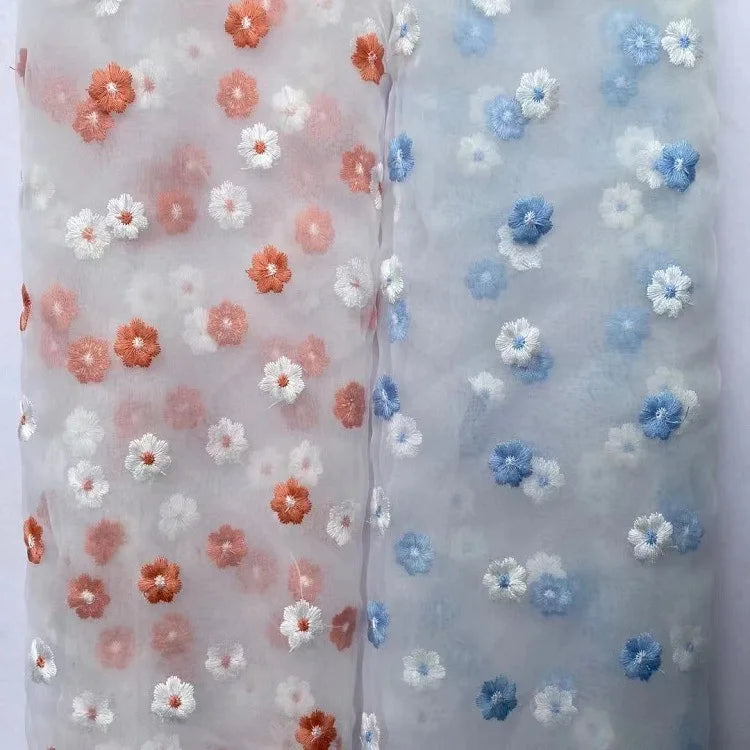 Two-Color Daisy Embroidered 100% Polyester Lightweight Breathable Organza Lace Tulle Fabric Dress for Girls Children's Clothing