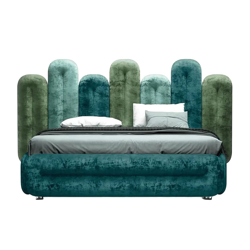 Modern King Deluxe Bed Solid Wood Frame Metal Legs Up-Holstered Blue Green Red Velvet Soft Minimalist Design for Comfortable