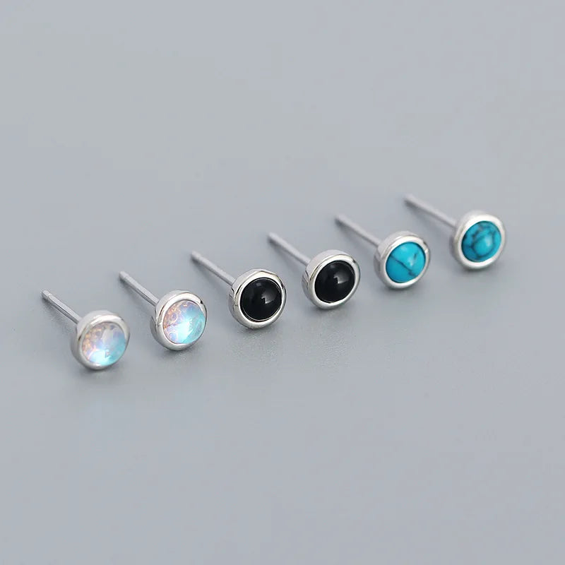 5.5MM Geometric Round Disc Earrings 925 Sterling Silver Moonstone /Agate / Turquoise Stud Earring for Women Stylish Trendy