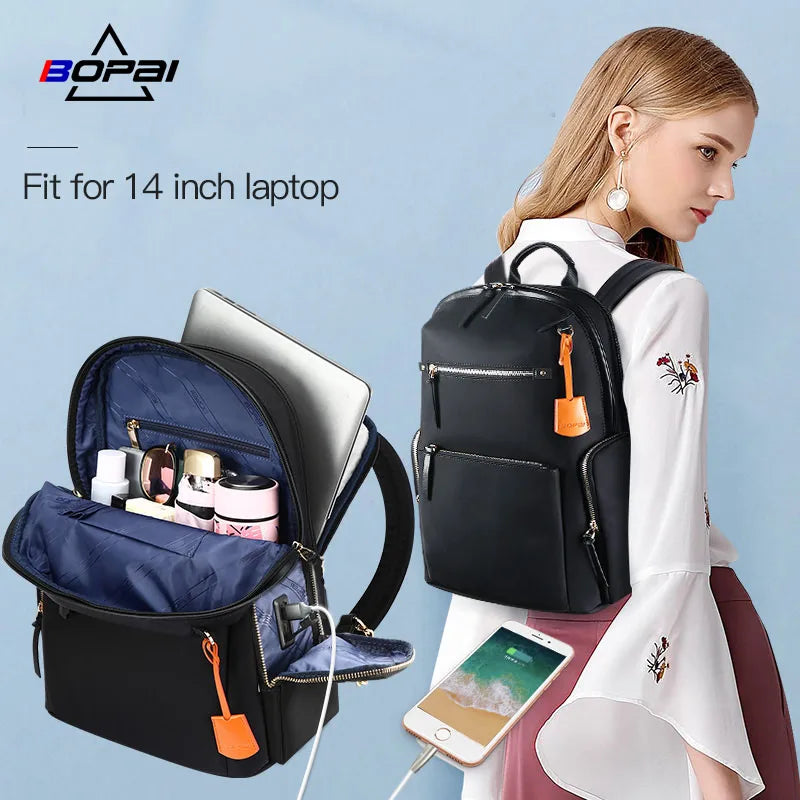 BOPAI Trendy 14 Inch Fashion Causal Ladies Daily Lightweight Notebook USB Charging Office Business Women Laptop Backpack