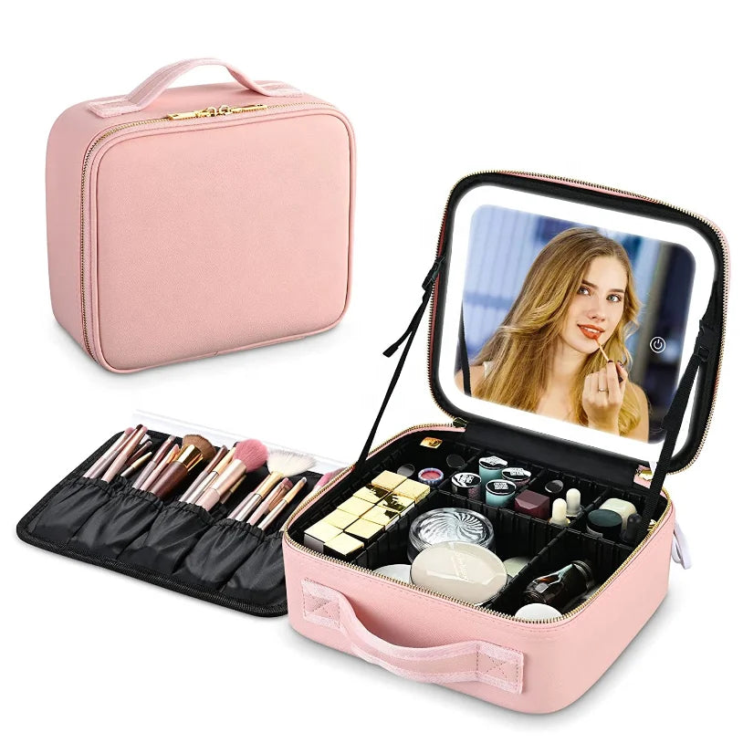 Three Colors Light Custom Travel Portable Led Makeup  Bag Vanity Cosmetic Box Mirror Makeup Bag With Led Light