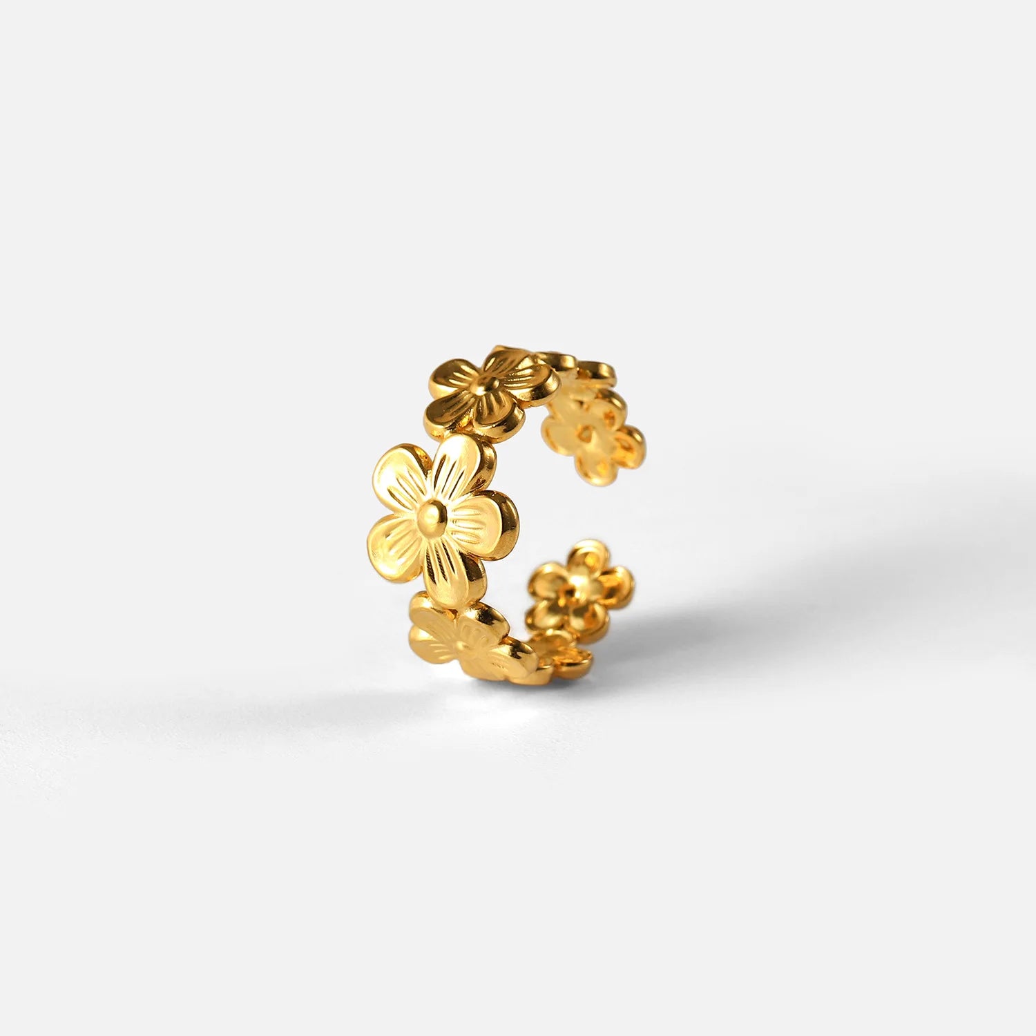 Perhiasan Cincin Flower Design Stainless Steel Ring Anillo De Oro 18k Gold Plated Opening Design Adjustable Ring