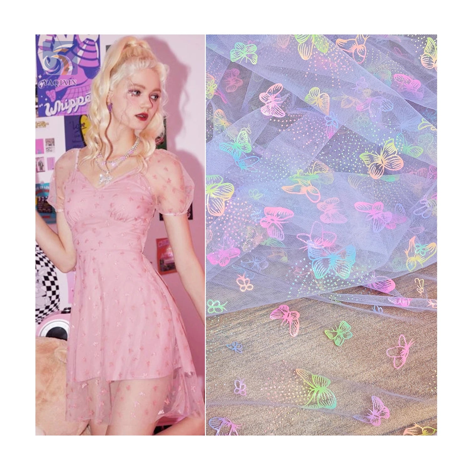 Popular Cartoon Butterfly Design Colorful Foil Print Tulle Mesh Fabric