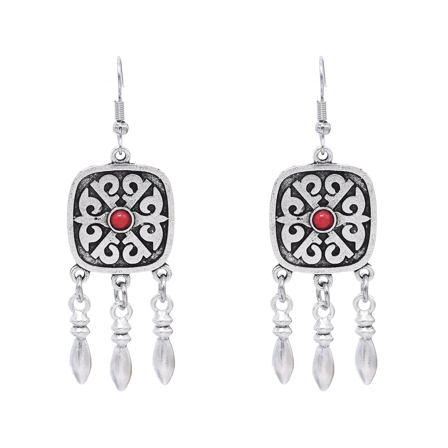 Kazakh Ethnic Earrings Red Black Green Dangle Earrings Carved Flower Metal Drop Tassel for Women Party Gift Jewelry