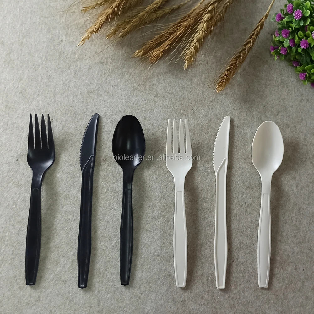 Heavy Duty Biodegradable Cornstarch Plastic Disposable Cutlery Set Individual Wrapped Forks Spoons Knives