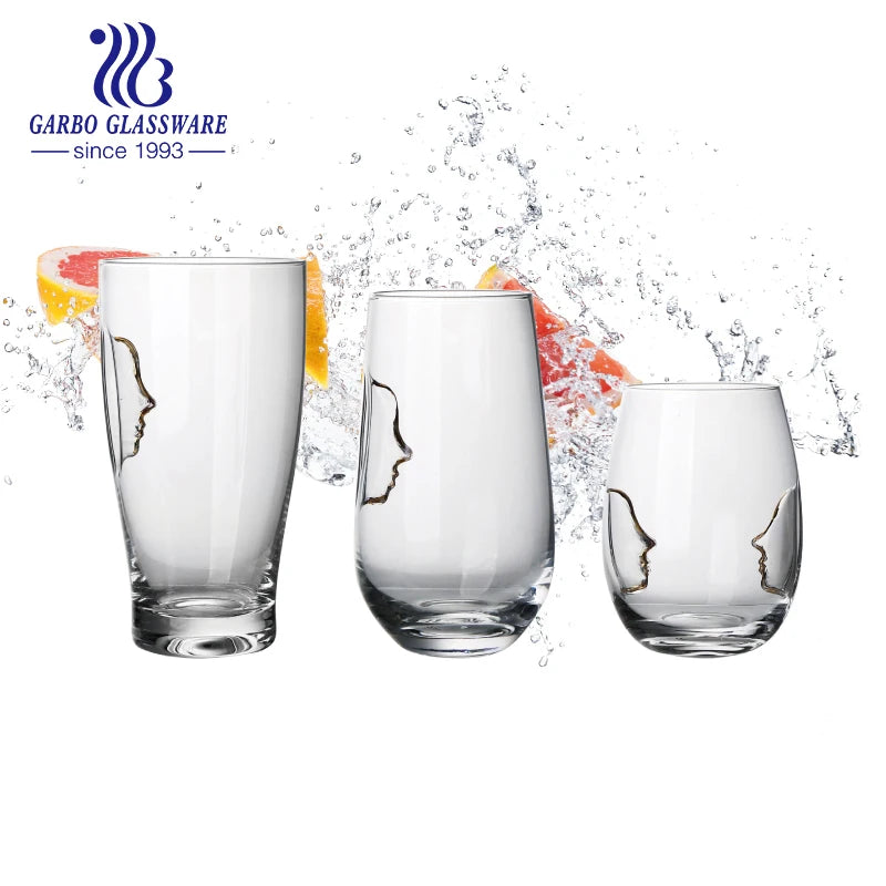 New Design Clear Glass Cup Gold Rim Creative Stemless Glasses 610 ml Face Shaped Drinking Glass for Whisky Beer