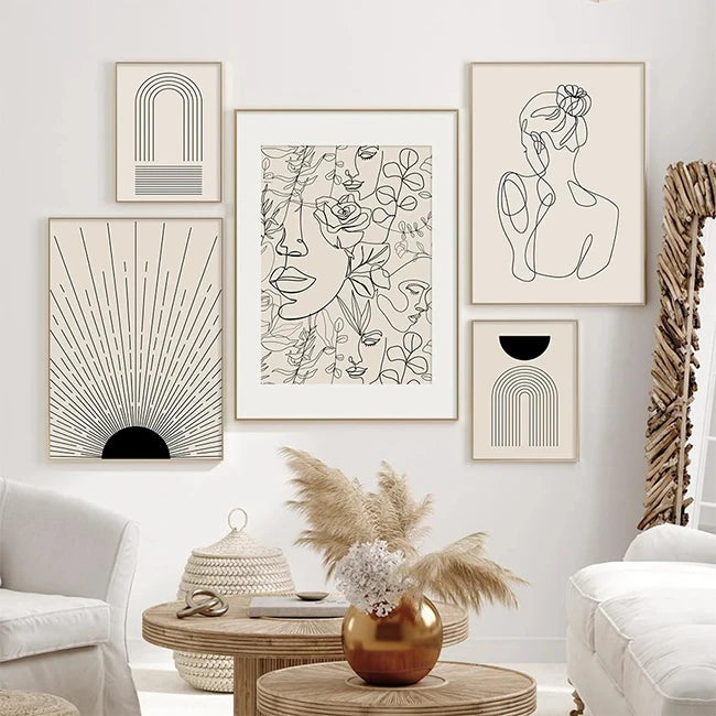 Abstract Bohemian Line Woman Faces Flowers Mid Century Posters Canvas Painting Wall Art Print Picture Living Room Home Decor