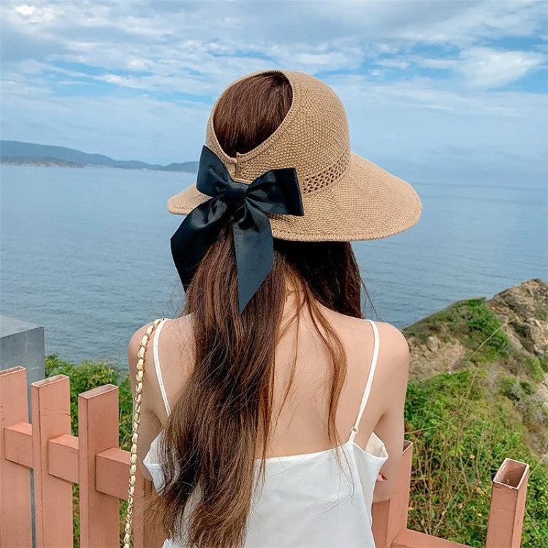 New Summer Sun Visor Hat Bow Empty Top Hat Women UV Protection Ribbon Beach Hat