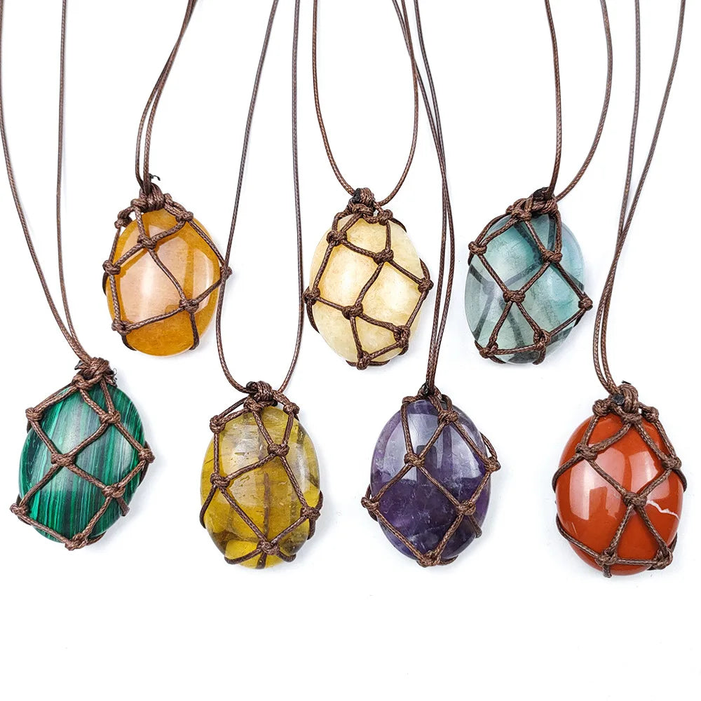 Natural Crystal Oval Shape Pendant with Braided Rope Jewelry Crystal Stone Pendant Necklace