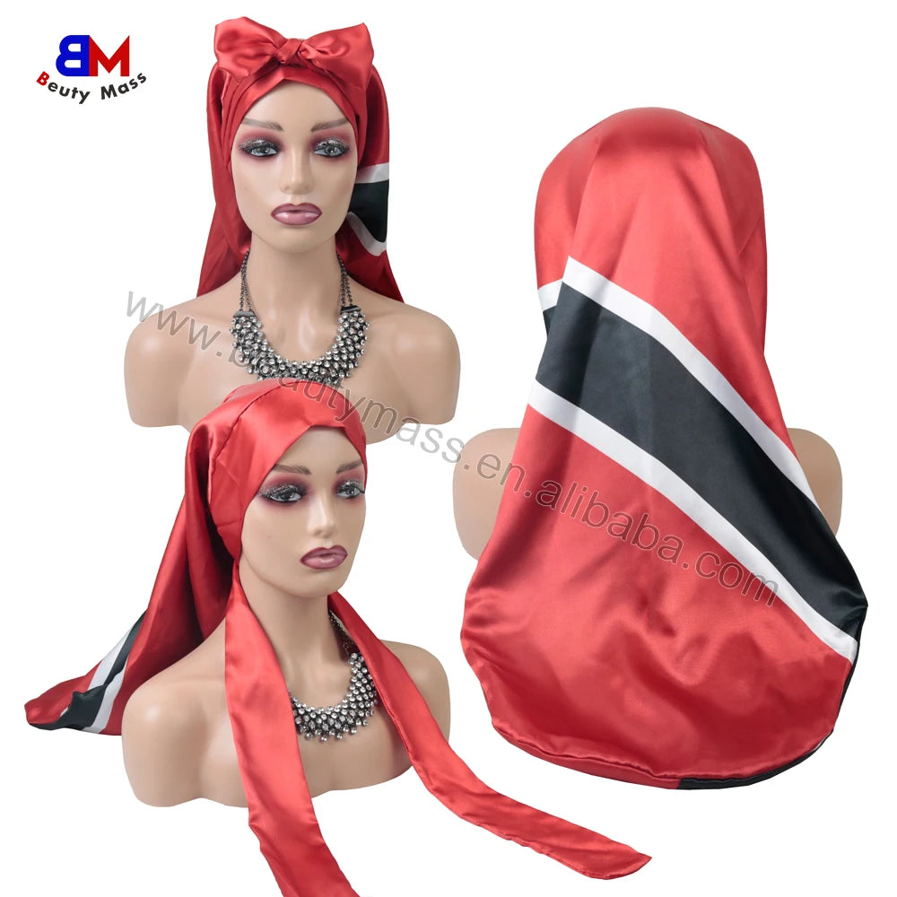 Wholesale Hot Selling Designer Flag Women Long Bonnet Sleeping Cap Hair Bonnet Satin Silk Bonnet With Custom Logo