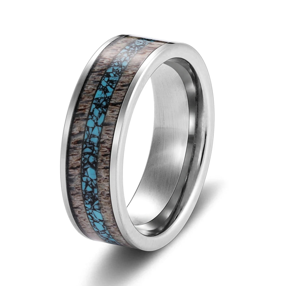 8mm Flat Silver Tungsten Carbide Wedding Band for Men Inlaid with Turquoise and Nature Antler for Engagement