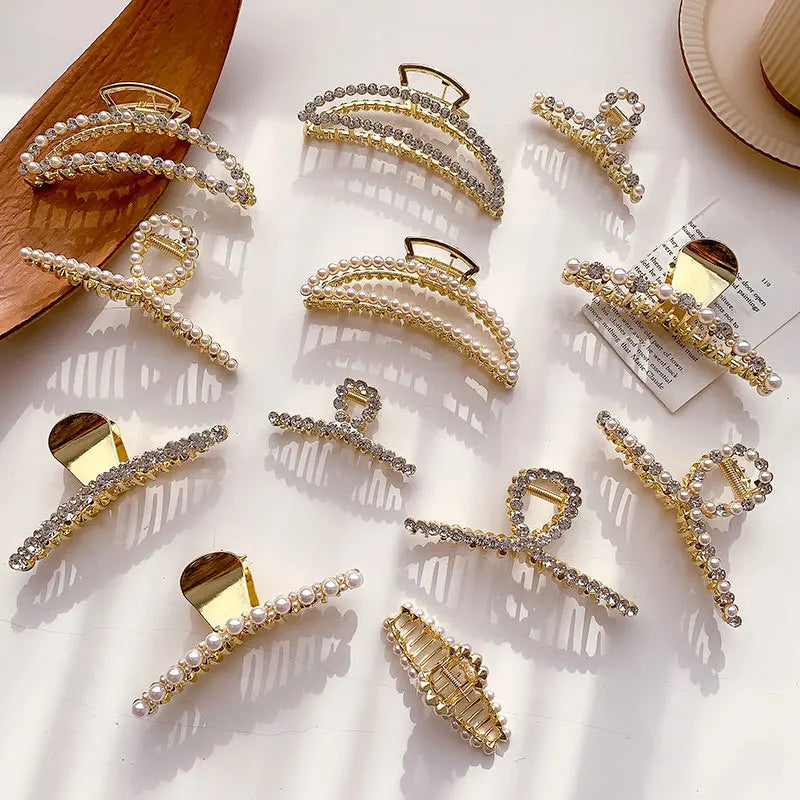 Wholesale INS Fashion Vintage Rhinestone Hair Claw Clip 11.5 cm Gold Alloy Hair Claw Pearl Hair Clips for Women Girls 2021