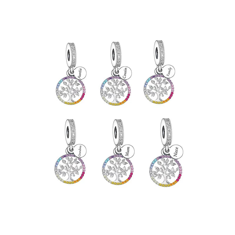 Fit Original Brand Charm Bracelet 925 Sterling Silver Tree  Life  Rainbow Color Zircon Family Bead for Women Jewelry Making