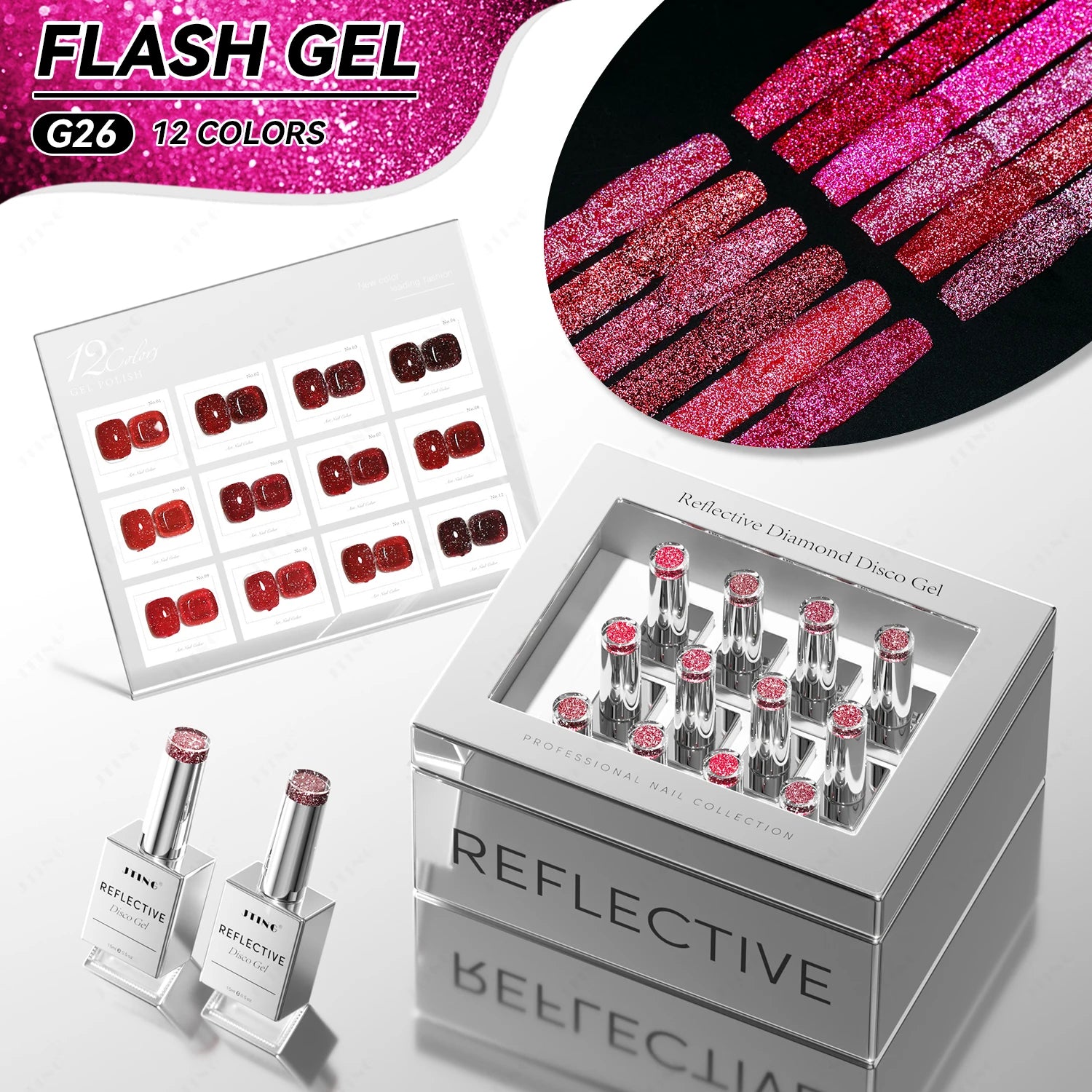 JTING Super Promotional Discount 12colors Reflective Disco Gel Polish Collection Silver Laser Set Box OEM Custom Design Brand