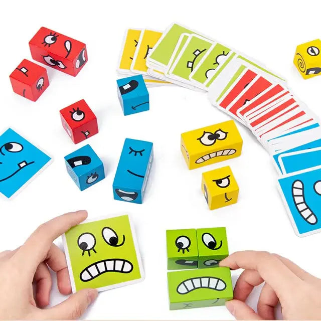 Hot Selling 3D Puzzles Face Changing Cube Building Wooden Blocks Preschool Cognition Toys with Expressions Matching