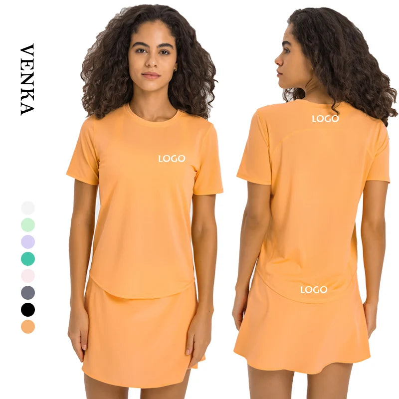Women's Lightweight Summer Polyester Gym Fitness Top Quick Dry Breathable with Curved Hemline Short Sleeved T-Shirt for Running