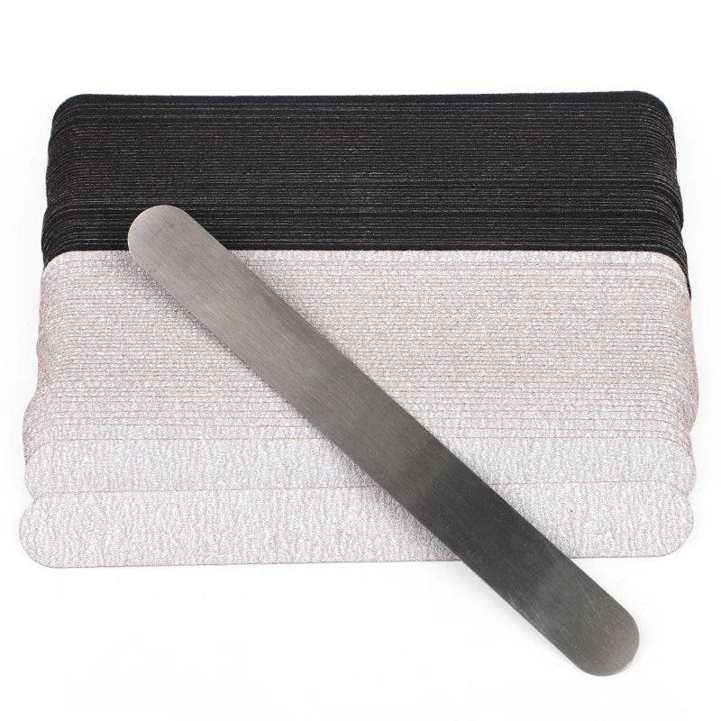 Straight Replacement Nail File 240 Grit 10pcs Grey/Black Removable Sandpaper With Stainless Steel Handle Metal Sanding Files