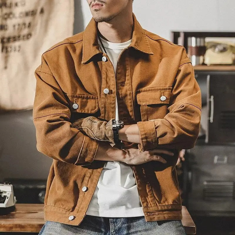 Fengway Custom Men's Jacket for Spring & Fall Vintage Washed Style with Turndown Collar & Cargo Design Trendy Casual Jacket