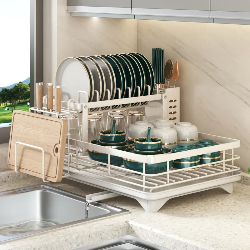 Durable RTA 2-Tier Dish Drying Rack with Drainboard Anti-Rust Carbon Steel Kitchen Storage Organizer for Global Distributors