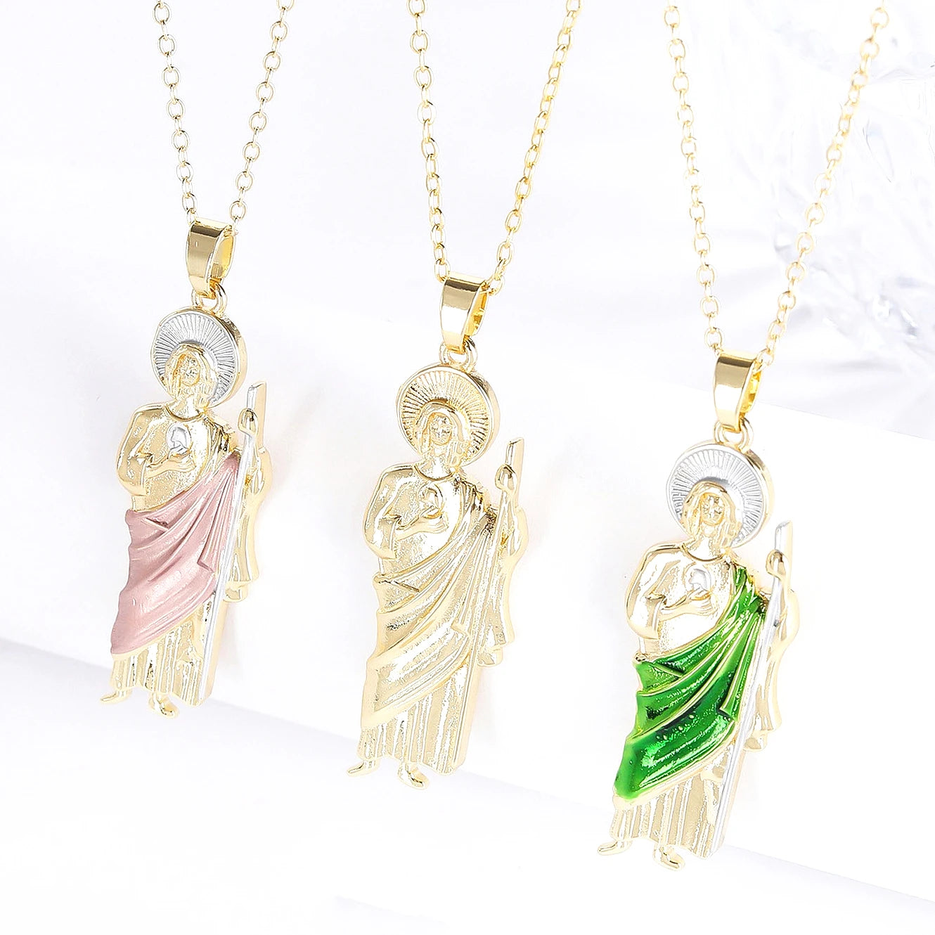 Popular San Judas Religious Jewelry Gold Plated Green Pink Pendant Necklace Statement Jesus Mary Necklace for Women