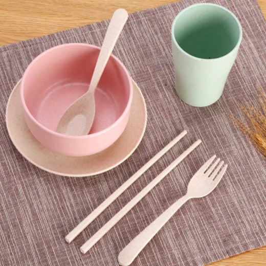 Unbreakable Microwave & Dishwasher Safe Tableware Set Reusable Wheat Straw Dinner Plates & Bowls Disposable Feature