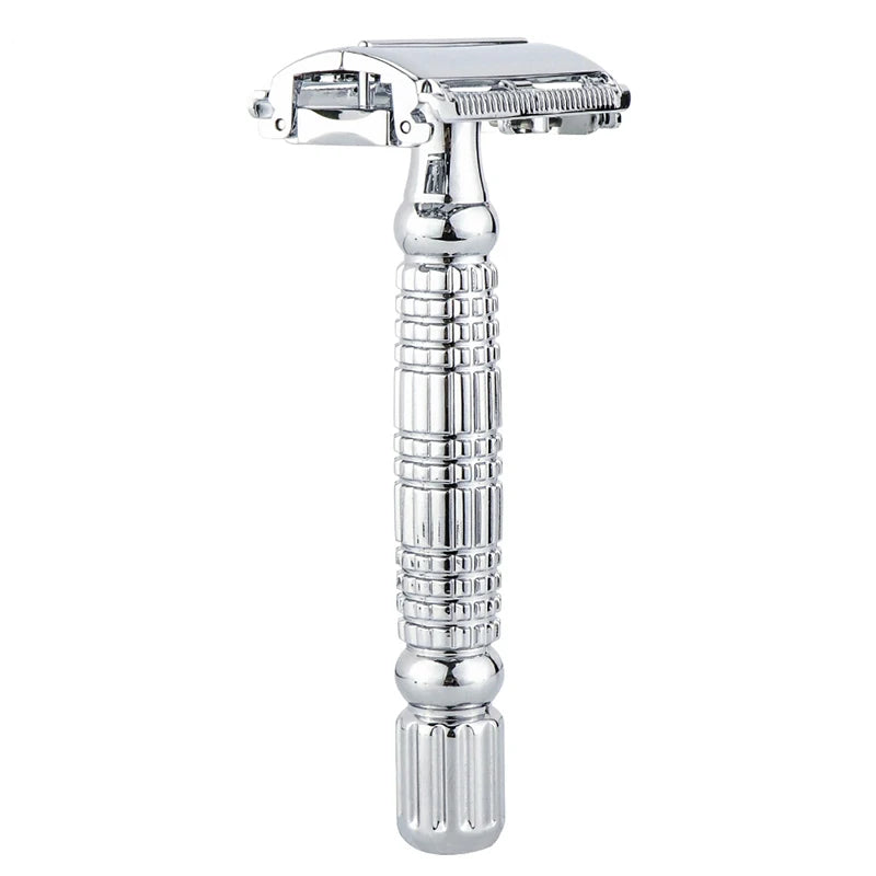 LIYI Men's Classic Traditional Shaver Twin Blade Stainless Steel Platinum Safety Razor with Metal Handle for Face & Body