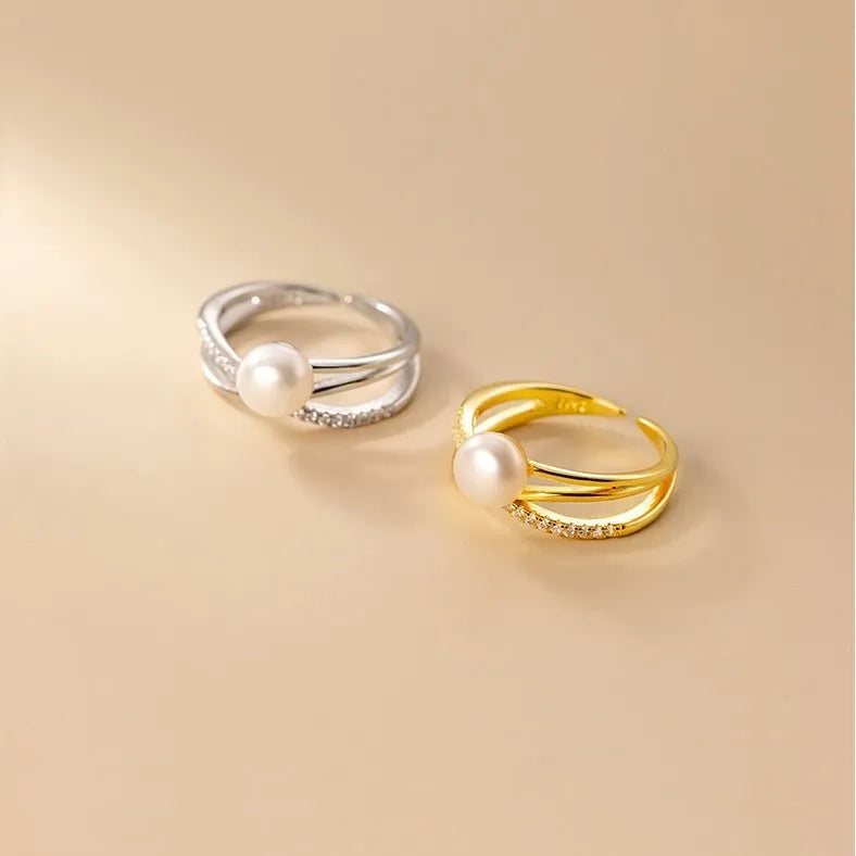 Women Fine Jewelry Gold Plated Rings 925 Sterling Silver Cubic Zirconia Geometric Adjustable Open Freshwater Pearl Finger Ring