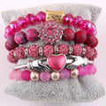 Women Bohemian Jewelry Valentine  5pc Imperial Fuchsia jasper Gemstone Crystal Glass Bracelet Heart Cuff Bangle Bracelets Set