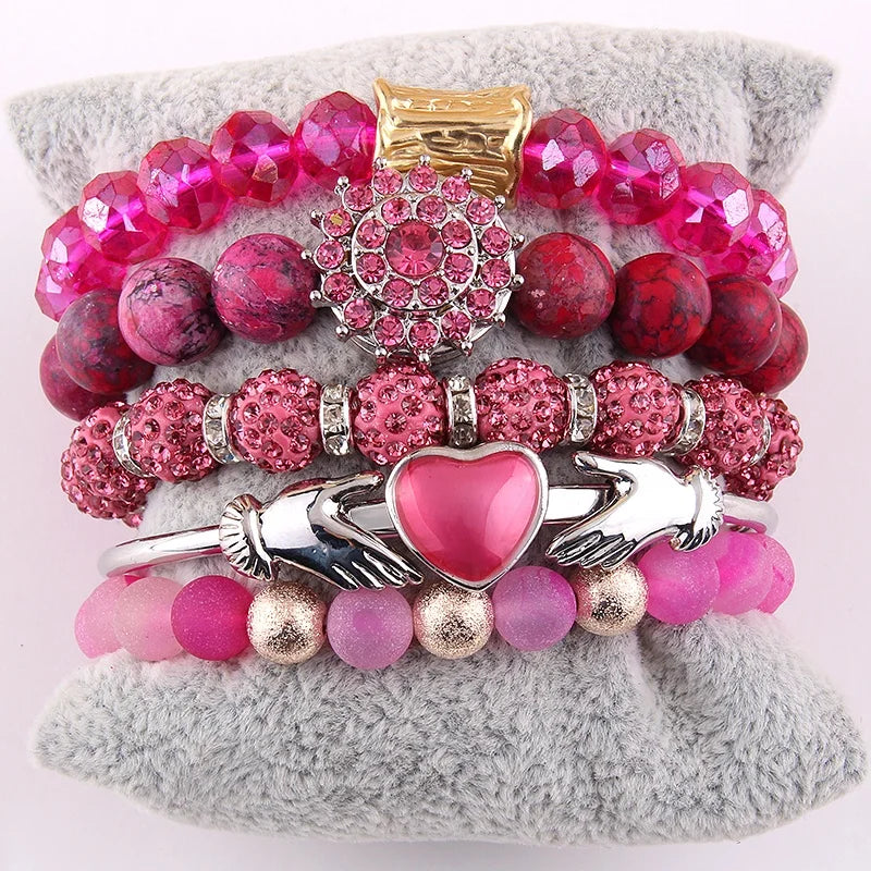 Women Bohemian Jewelry Valentine  5pc Imperial Fuchsia jasper Gemstone Crystal Glass Bracelet Heart Cuff Bangle Bracelets Set