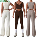 Wholesale Women 3 Pieces Cropped Sweatshirts Set High Waist Leggings Gym Fitness Workout Training Tracksuit