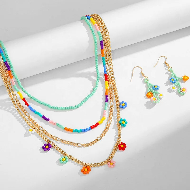 Women's Handmade Multi-layer Necklace Earring Sets with Colorful Beads Gold Chain Pendant Wholesale Stock for Weddings Parties