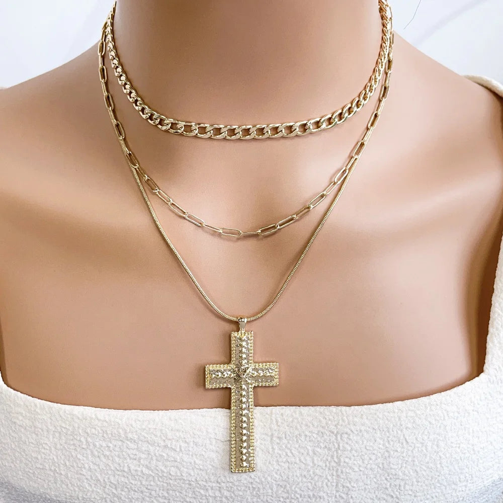 2026 Trend New Desgin Jewelry Wholesale Custom Big Cross Necklace Fashion Multi Layer 18k Gold Plated Pendant Necklace for Women