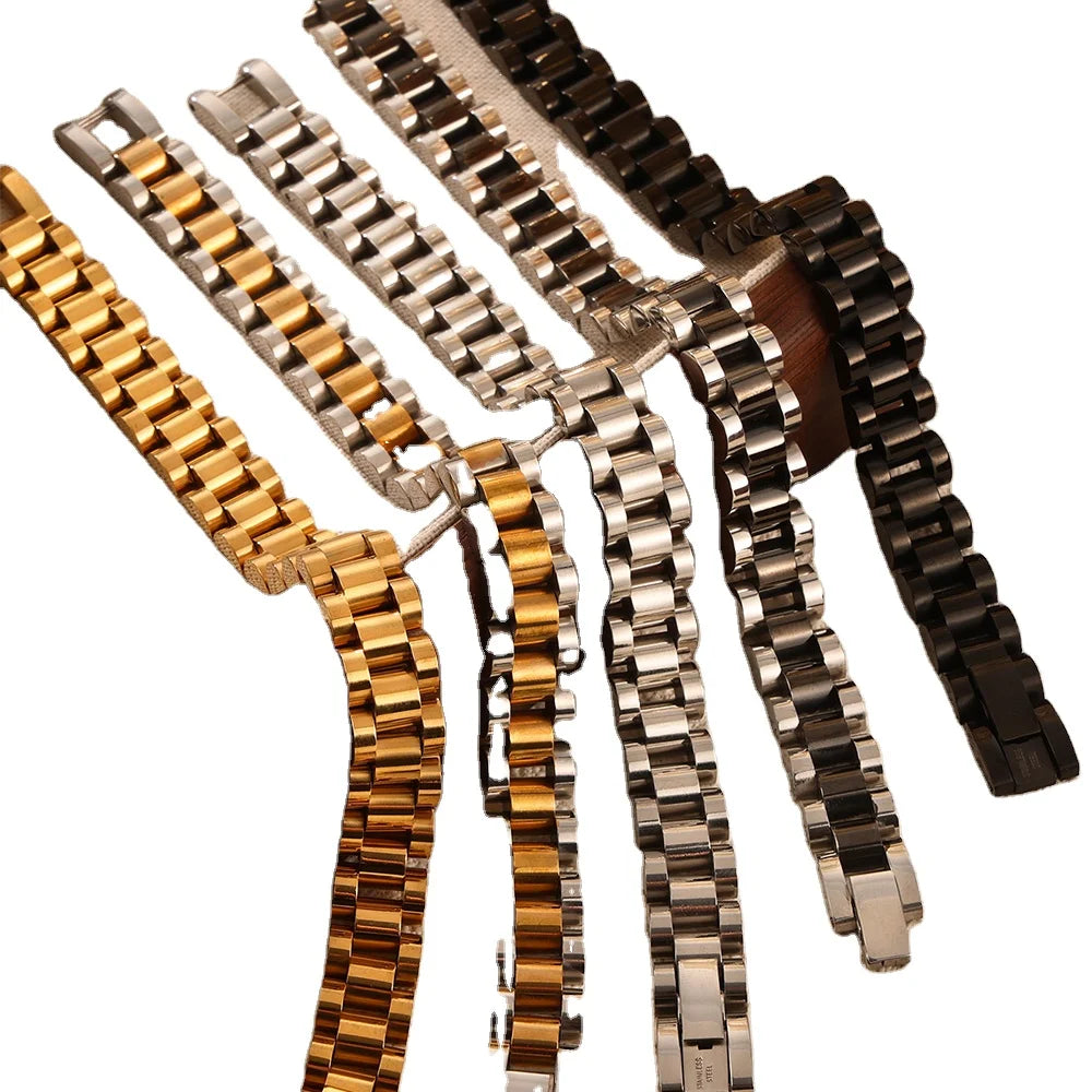Factory Bulk Supply Luxury Hip Hop Exaggerate Stainless Steel 18K Gold Plated Watch Band Charm Jeweller Bracelet for Women Men