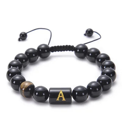 A-Z 26 Letters Obsidian Natural Stone Beaded Bracelet Elastic Tiger Eye Bracelet for Men
