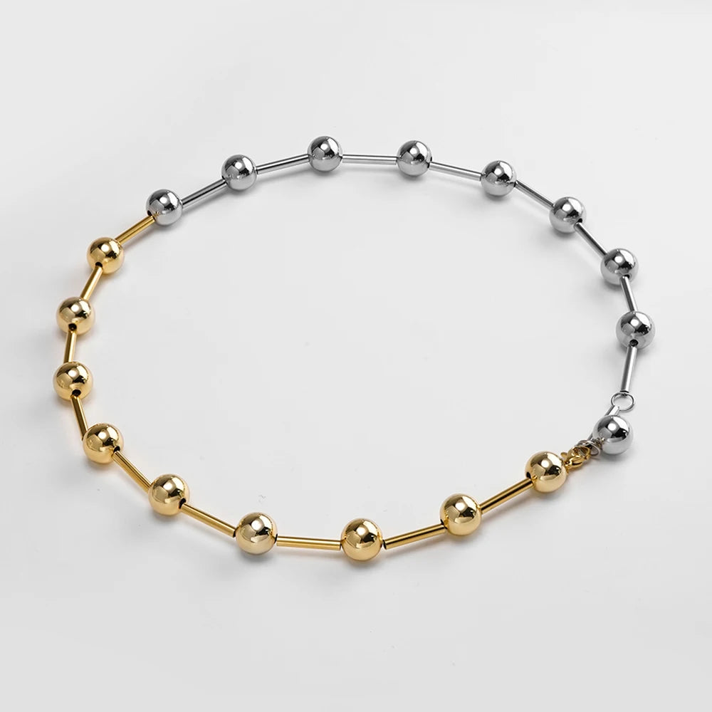 18K Gold Plated Stainless Steel Jewelry Gold Silver Color Block Steel Beads Ball Necklace Waterproof for Woman Necklace P253558