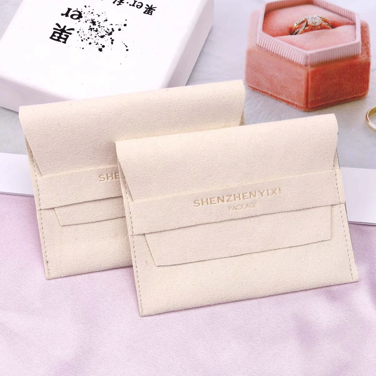 Custom Logo Printing Microfiber Jewelry Ring Earring Storage Bag Luxury Suede Jewelry Microfiber Envelope Pouch