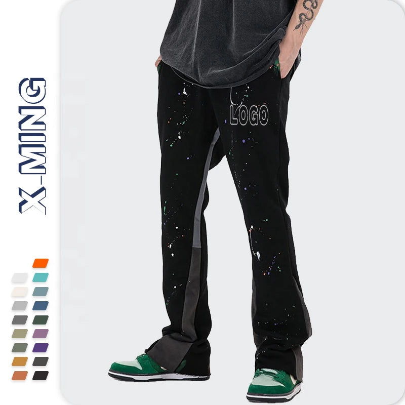 Men Custom Casual Flared Jogger Spray Paint Track Pants Patchwork Elastic Waistband Splash Stacked Flare Sweatpants for Men