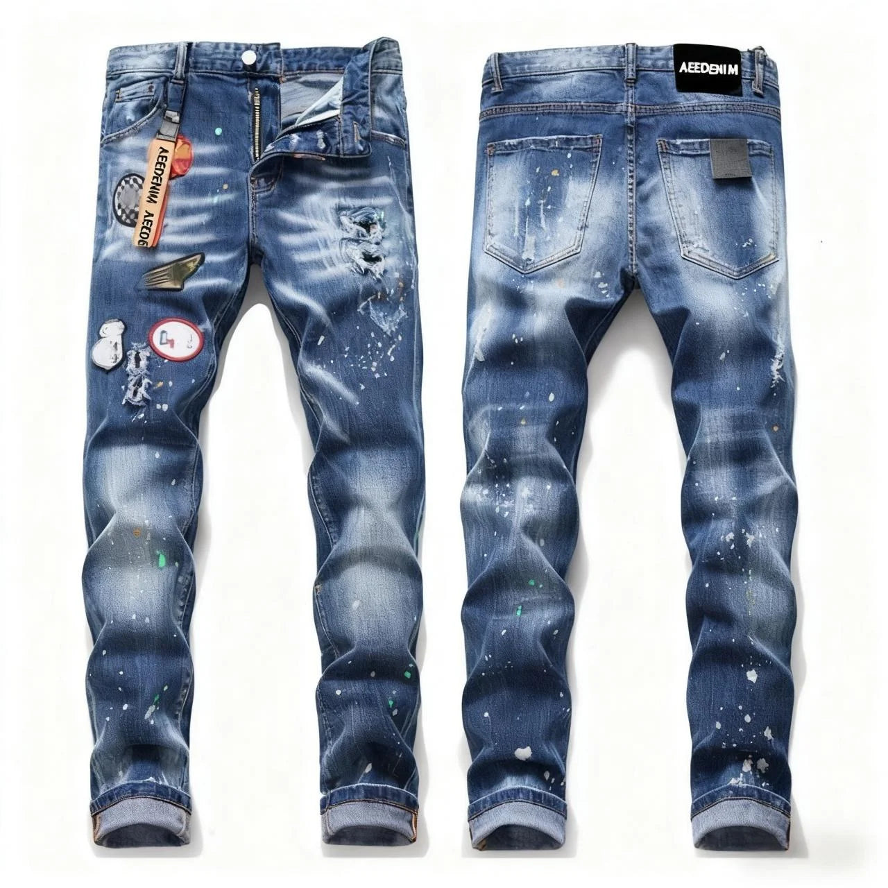 AeeDenim Factory Directly Wholesale Hip Hop High Street Straight Ripped Stretch Blue Jeans for Men with Stonewashed Finish
