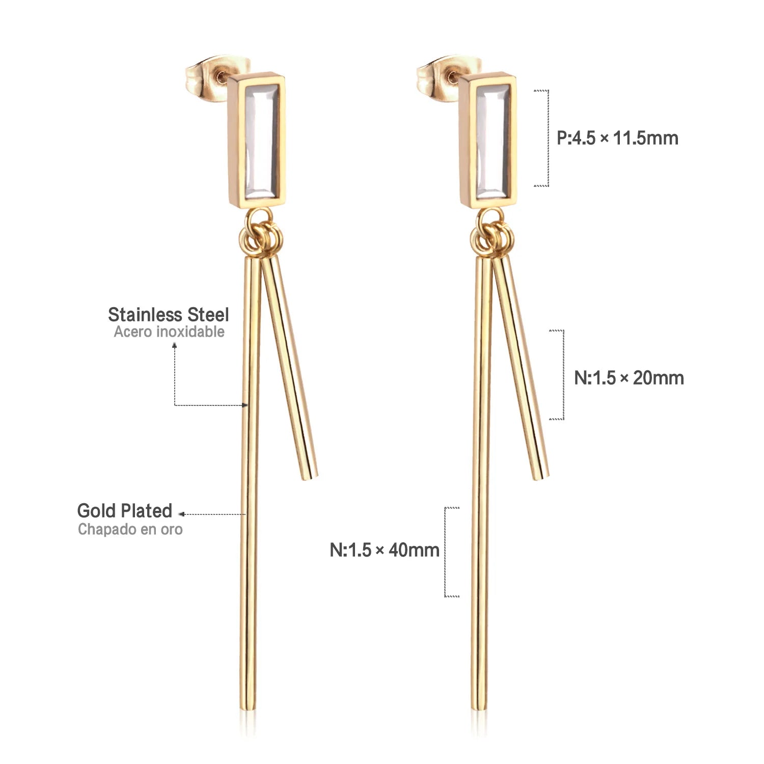 Stainless Steel Jewelry 18K PVD Gold Plated Popular Elegant Rectangle Zircon Long Chain Earrings Women Charming Drop Earrings