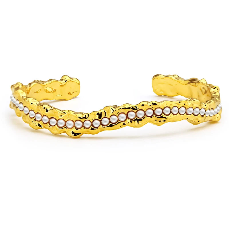 Women's Elegant Punk Geometry Pearls Bangle 18K Gold Plated Cuff Bracelet Unique Texture Jewelry Diamond Wedding Gift OEM