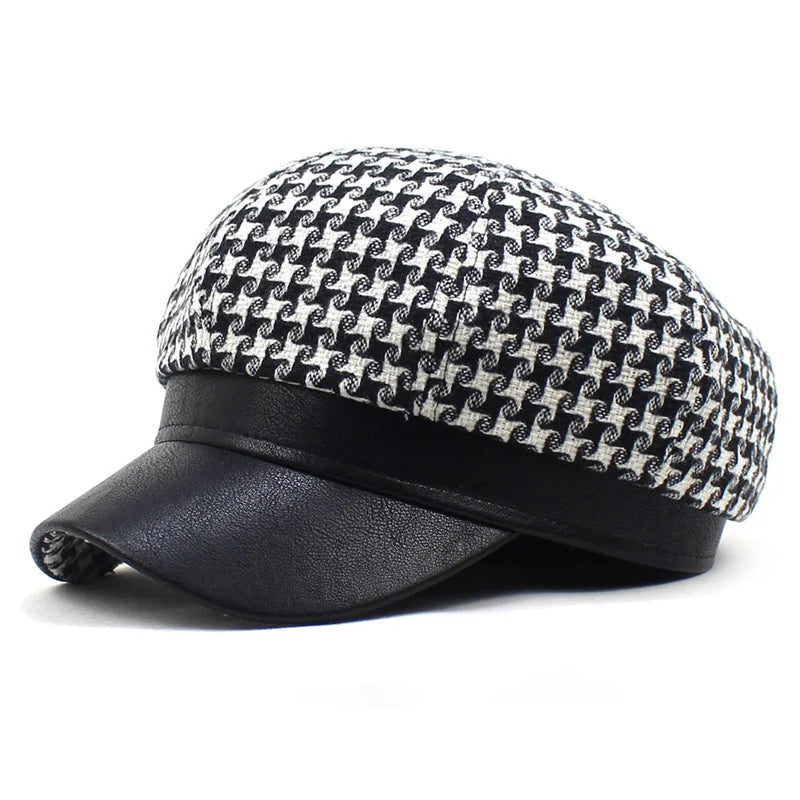 2022 Houndstooth PU Brim Octagonal Lady Baker Boy Hat Berets Cap for Wholesale