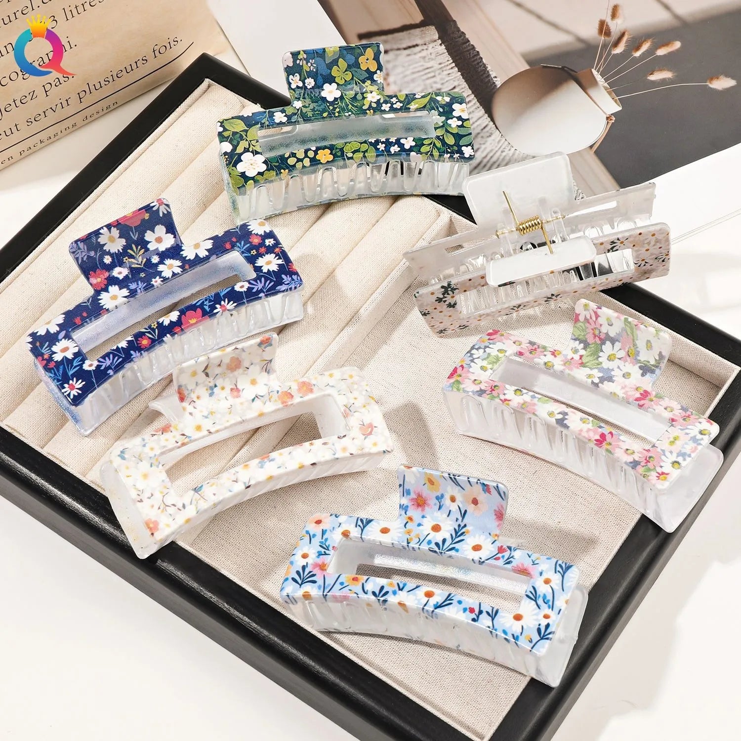 QIYUE Plastic 8.5cm UV Printed Square Hair Clips European & American Creative Design Women's Hair Accessories