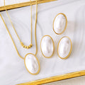 Women 316L Stainless Steel Necklace Earrings Rings Pearl Jewelry Set Tarnish Free 18k Gold Plated Pearl 3 Pcs Set