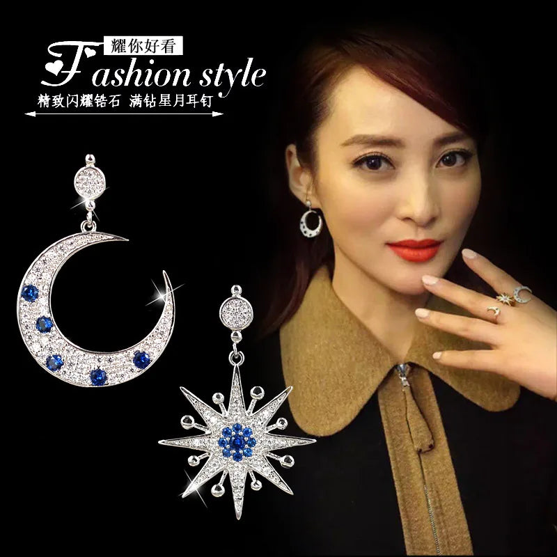 New Hot Fashion 925 Sterling Silver Crystal Star Moon Earrings for Women Girls Gift Fashion Statement Jewelry 2022