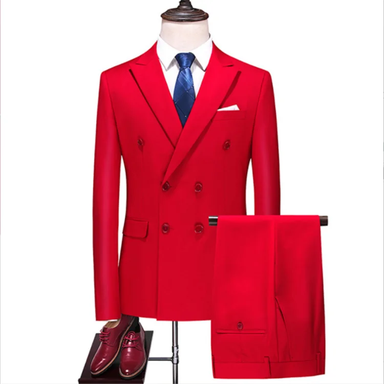 Solid Solor Long-sleeved Suit With Double Breasted Two Pieces Top + Pants Men's Business Suit Wedding Suits